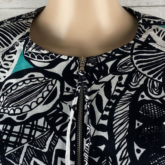 Chloe Madison Jacket Teal Black White Abstract Floral Print Full Zip - Picture 2 of 12